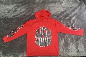 Red Rich Soon Graphic Flame Long Sleeve Hoodie Men's Size Large